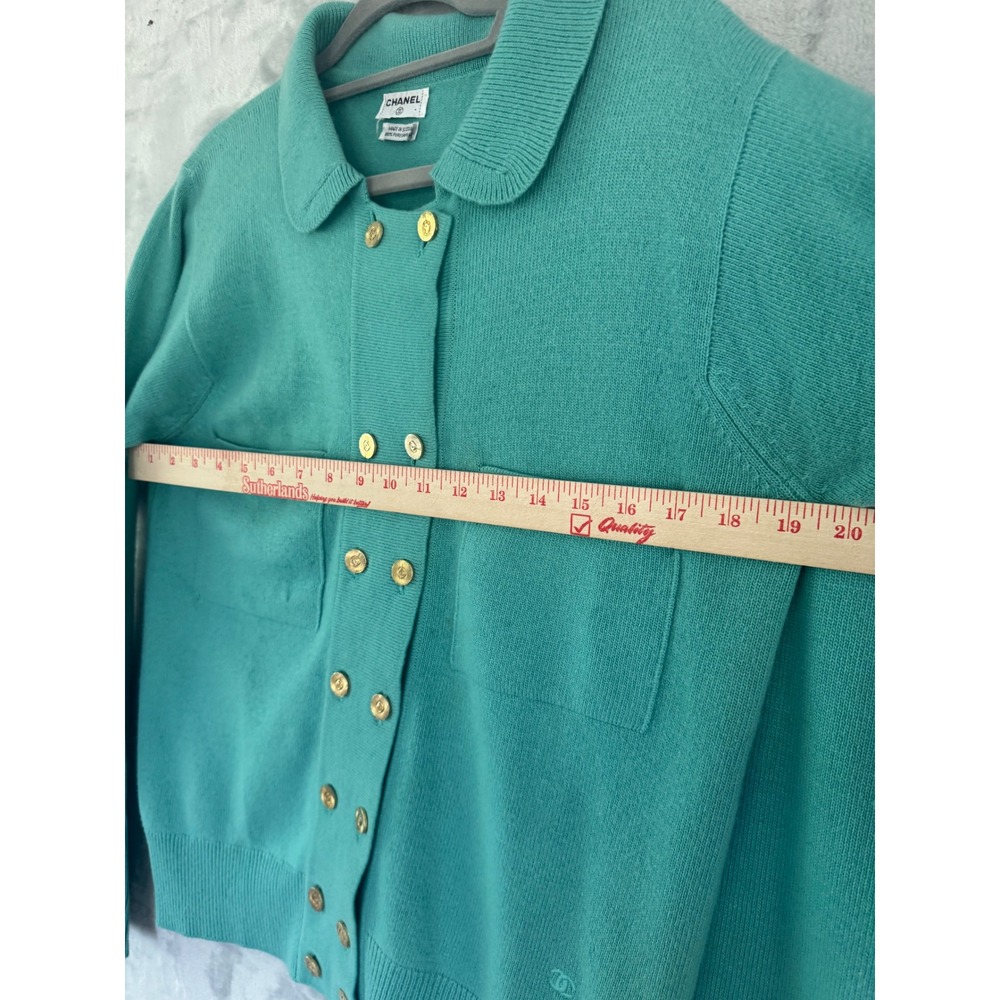 Chanel Vintage Cashmere Skirt Suit Teal Green Gold CC Buttons Scotland Sz 8 10 - Picture 6 of 13